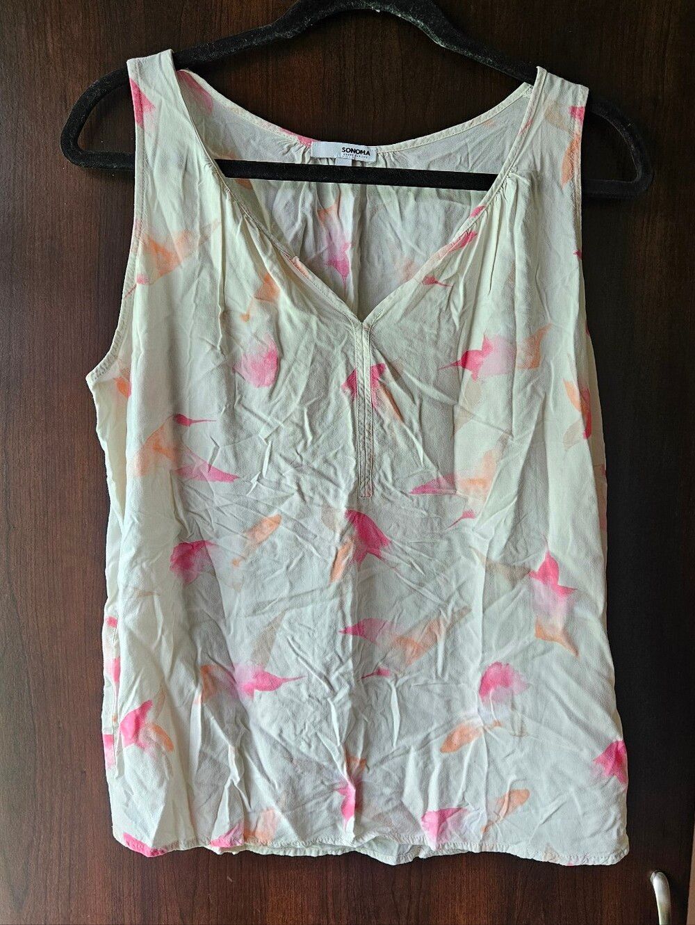 Sonoma Cream Sleeveless V-Neck Tank with Pink & Peach Bird Print Size Petite XL